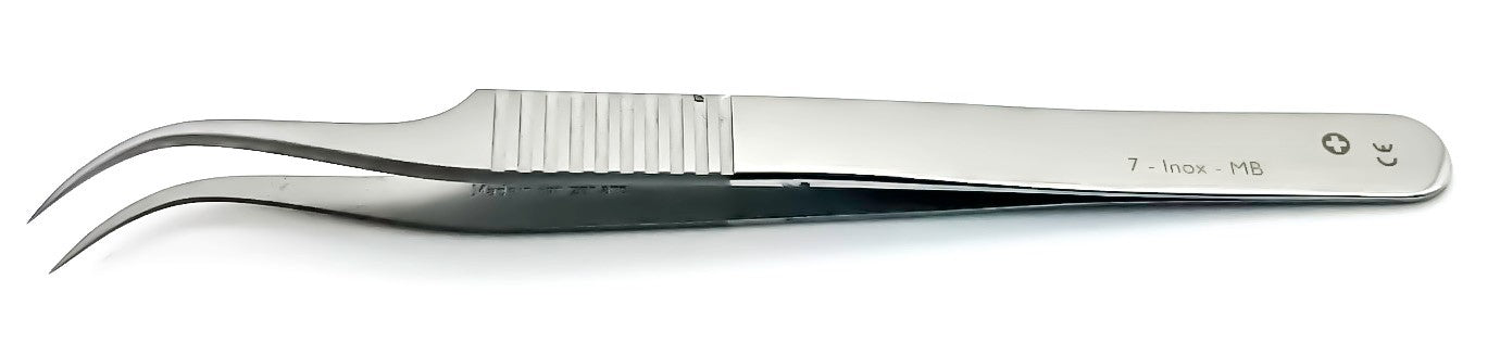 Swiss Jeweler Forceps, Style 7 Curved, Serrated Handle, 4-3/8" (11.2cm)