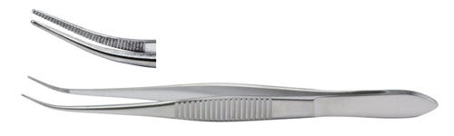 Half Curved Eye Dressing Forceps, 0.55mm Wide Serrated Tips, 4" (10.2 cm)