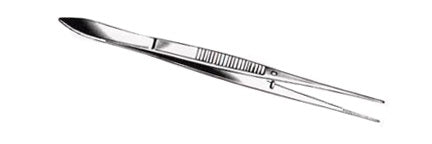 Eye Dressing Forceps, Straight, Delicate Pattern, 0.6mm Wide Serrated Tips, 4" (10.2cm)