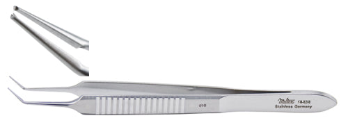 Miltex MCPHERSON Micro Corneal Suturing Forceps, 3-1/2" (8.9cm), Angled, 0.12mm Tip, 1x2 Teeth, with Tying Platform