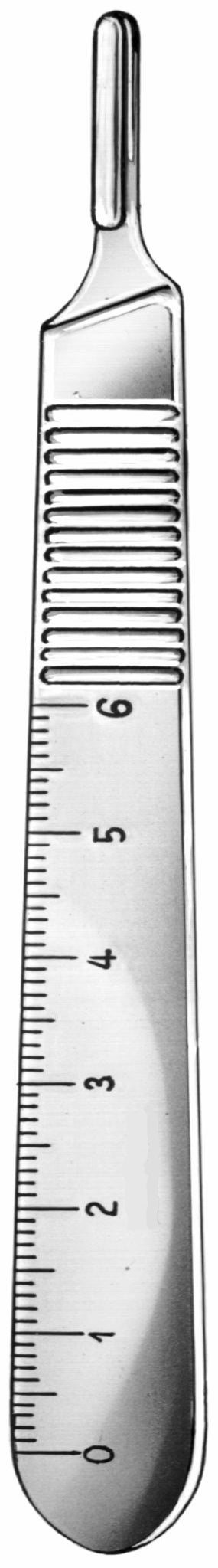 Scalpel Handle no. 3 with 6 Cm ruler, fitting surgical blades nos. 10 thru 15c, extra fine